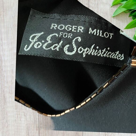 Vintage 60s Black Dress Elegant Beaded Collar Shoulder Drop Waist - Picture 10 of 11